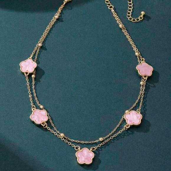 14K Gold Filled Pink Clover Double Chain Necklace - Picture 5 of 5